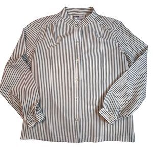 VTG Side Step Blouse Women 14 Petite White Black Pin Stripe Preppy Button Up Top